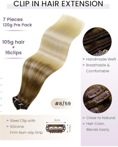 LaaVoo Clip On Extensions Human Hair, For Vacation, 22 Inch - Image 2