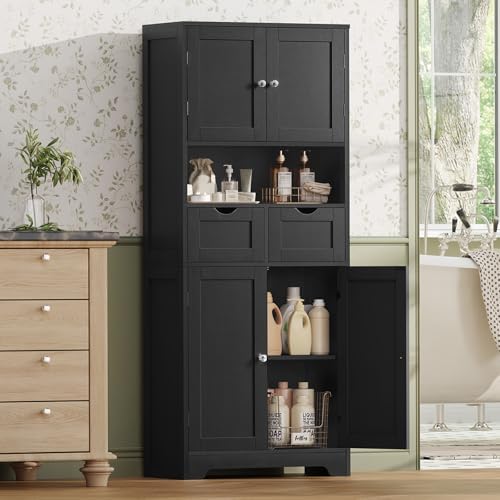 Iwell 57.8" H Tall Storage Cabinet with 2 Drawers & 2 Adjustable Shelves, Kitchen Cabinet with 4 Doors, Tall Cabinet for Living Room, Dining Room, Entryway, Black - Image 2