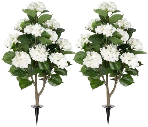 2 Pack 3FT Fake Hydrangea Trees for Outdoors with Ground Spikes, White Artificial Hydrangea Flowers Topiary Trees, Realistic Faux Outdoor Plants for Front Porch, Patio, Garden, Entryway Decor by UFEH