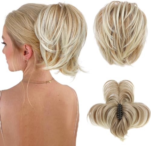 HOOJIH Messy Bun Hair Piece, Claw Clip in Straight Hair Bun 9 Inch Short Ponytail Extension with Bendable Metal Wire Hair Pieces for Women Fake Hair Bun - Deep Blonde with Light Blonde Tails by HOOJIH