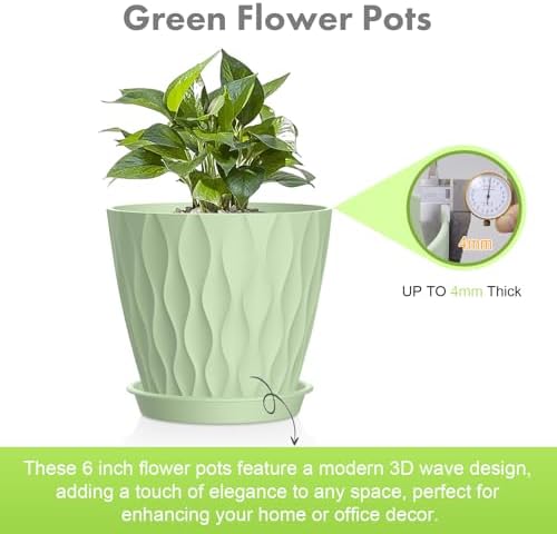 Meowell 6 inch Plant Pots, 5 Set Water Ripples Flower Pots for Indoor Outdoor Plants, Plastic Planters with Drainage Holes and Saucers, Nursery Pots for Small Succulent Garden House Plants, Green - Image 3