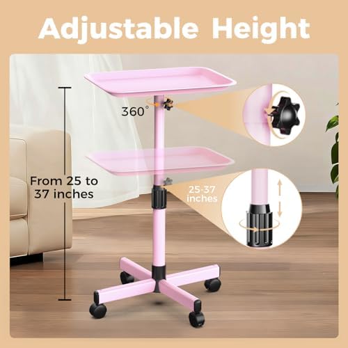 36" Salon Tray on Wheels Pink, Adjustable Height Tattoo Tray Cart - Image 2