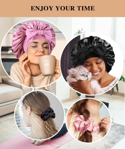 2+3 Large Satin Bonnets with Scrunchies for Women, Hair Bonnet Sleeping Tie Bonnet for Braids Curly Hair - Image 5