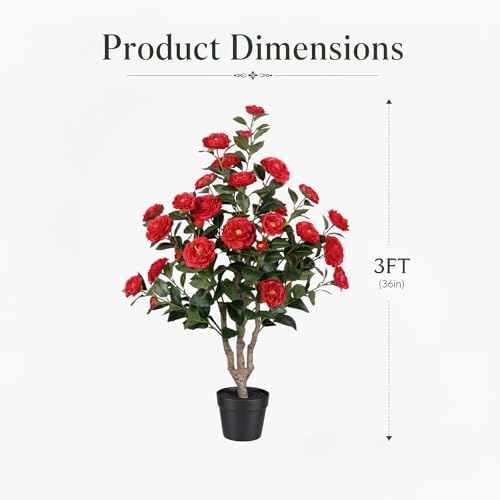 3ft Artificial Camellia Tree 2 Pack, 36" Faux Potted Camellia Plant with Vibrant Red Silk Flowers, UV Resistant Fake Flowering Tree for Front Porch Indoor Outdoor Home Office Floor Decor - Image 2