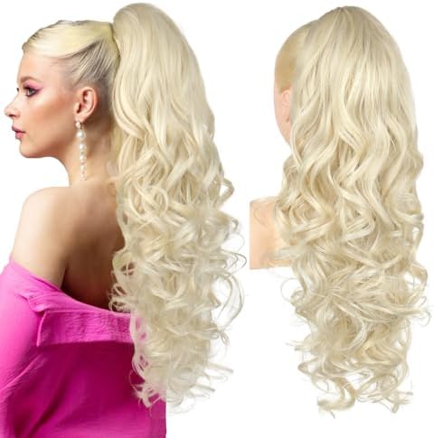 REECHO Ponytail Extension, 24" Claw Clip in Long Curly Wavy Ponytail Hair Extension Jaw Clip on Pony Tails Hairpiece for Women - Light Blonde by REECHO