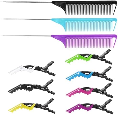 Kunihiko Rat Tail Comb Hair Clips Set: 3Pcs Rat Tail Combs, 7Pcs Alligator Clips (Black, Purple, Blue) - Image 2