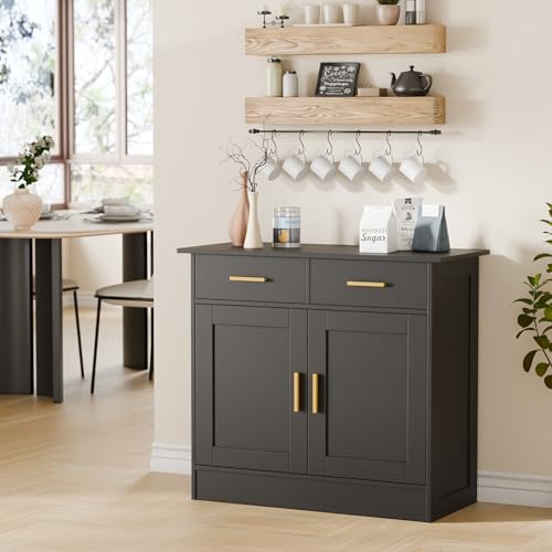 Buffet Cabinet with Storage - Buffets & Sideboards Kitchen Storage Cabinet, Wood Console Table Coffee Bar Accent Cabinets for Living Room Dining Room Entryway Small 2 Doors & Drawers, Black 35.4"W - Image 2