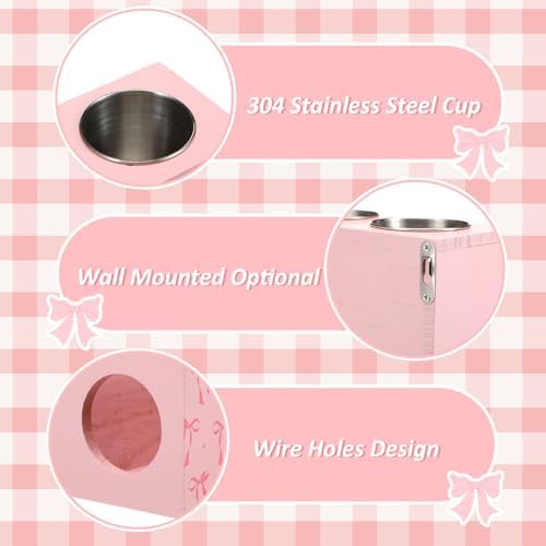 Pink Bow Hair Tool Organizer Countertop Wooden Blow Dryer Holder - Image 3