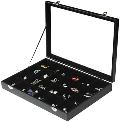 Coward Jewelry Organizer Box, Black Velvet 24 Grids Ring Earring Jewelry Display Tray Case with Transparent Glass Lid for Home Drawer or Shop Selling by FocusOnJewelryDisplay15yrs