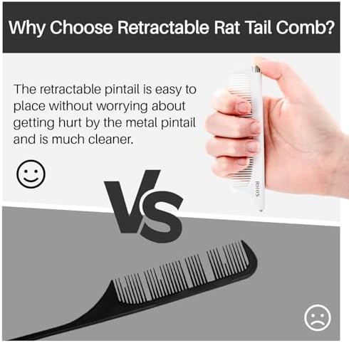 RHOS Carbon Retractable Rat Tail Parting Comb - Portable Fine Tooth Teasing Comb for Styling, Hair Cutting, Braiding with Stainless Steel Pin Tail - White - Image 4