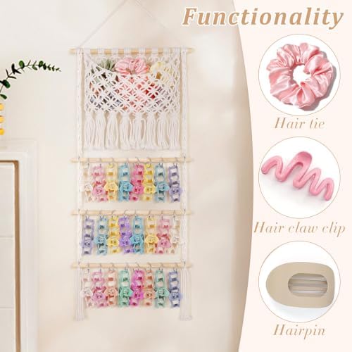 SNOWSTAR Macrame Hair Claw Clip Organizer,Large Capacity Mesh Bag Scrunchies Holder and Hair Ties Organizer for Women Girls,Hair Accessorie Hanging Storage Home Decor Wall,Door - Image 5