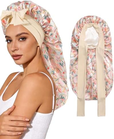 AWAYTR Long Satin Bonnet for Sleeping, Women Two-Tone Reversible Sleep Cap by AWAYTR