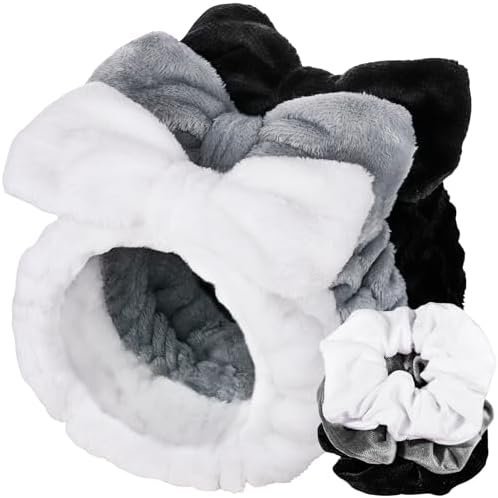 LEOBRO Spa Headband, 6pcs Makeup Headbands and Hair Scrunchies, Bow Skin Care Headband for Washing Face for Teen Girls Women, Easter Basket Valentines Christmas Gift for Girls, Black & White & Gray by LEOBRO