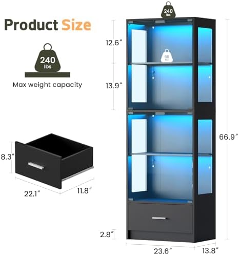 Lamtor 67" Display Cabinet with Glass Doors and 1 Drawer | Black - Image 2