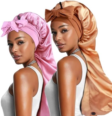 2pcs Long Satin Bonnets with Tie Band, Large Braid Bonnet Silky Hair Cap for Locs Women Sleeping, K by Heniho