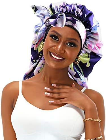 2pcs Extra Long Satin Bonnet Sleep Cap for Women, Double-Layer Silky Hair Bonnet for Braids/Dreadlocks/Curly/Long Hair with Tie Band (Green Flora & Purple Floral) - Image 7