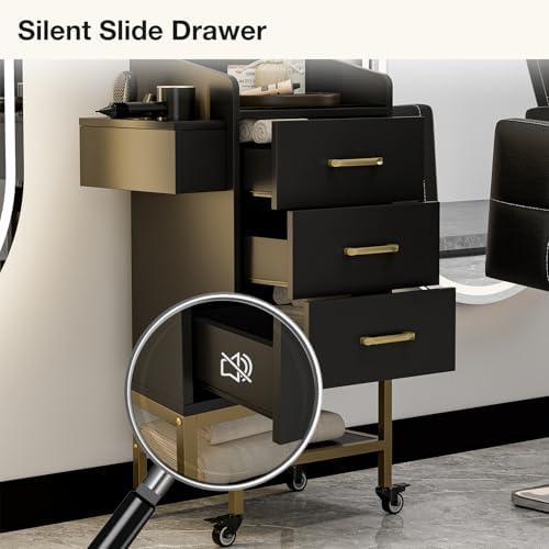 4-Tier Salon Station for Hair Stylist,Black Beauty Barber Storage Station w/Glass Top, 3 Drawers, Hair Dryer Holders, Lockable Wheels for Barber Station, Salon Storage Equipment - Image 7