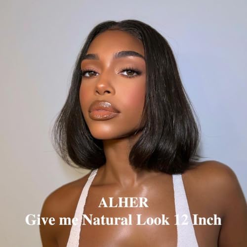 ALHER Short Bob Wig Human Hair Small Cap Lace Front Wigs Straight, 13X4 Transparent Lace Frontal Wigs 180% Density for Women, Natural Color, Cap Size 21-21.5 14 Inch - Image 2