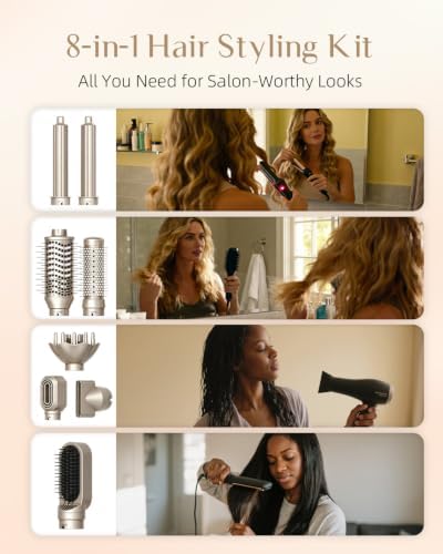 RUCHA 8 in 1 Hair Styler & Hair Dryer Brush Blow Dryer, 110,000 RPM High Speed Nora Hair Styler, Multi Professional Hot Air Styler for Straightening Curling Volumizing Drying, Champagne Gold - Image 6