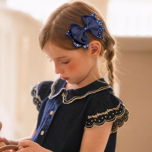 Navy Blue Glitter Hair Bow Alligator Clips 3.5" Aesthetic Ribbon Ponytail Hair Barrettes for Toddler Teen Baby Girls School Kids Birthday Wedding Party Dress Decor Accessories 2pc - Image 3