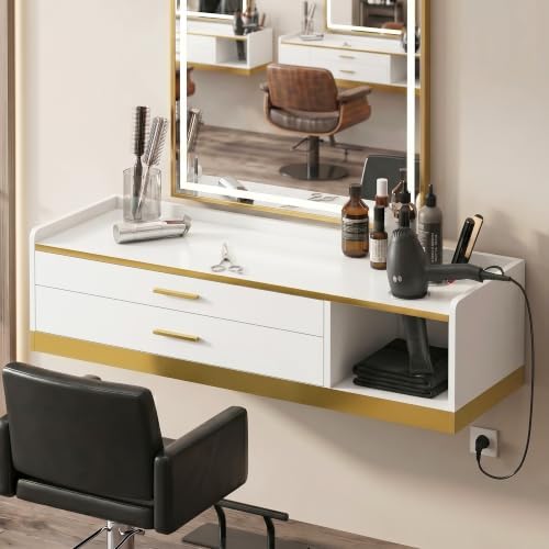 39.4" Wall Mount Salon Stations Floating Barber Desk (White) by Oakvera