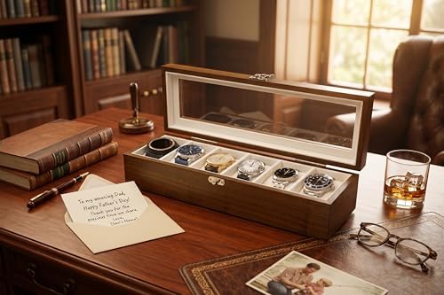 Watch Box, Watch Case for Men Women with Large Glass Lid, Wooden Watch Display Storage Box with 6 - Slots, Rustic Brown Mens Watch Box Organizer - Image 2