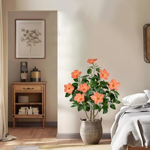 Briful Artificial Hibiscus Tree 2.95ft Tall Real Touch Fake Tree with Orange Flowers Potted Faux Plant Indoor Realistic Floor Plants for Front Porch Outdoor Home, Patio Decor - Image 6