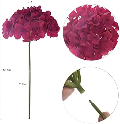 Silk Hydrangea Heads with Stems Artificial Flowers Heads for Home Wedding Decor,Pack of 10 (Fuschia) - Image 2