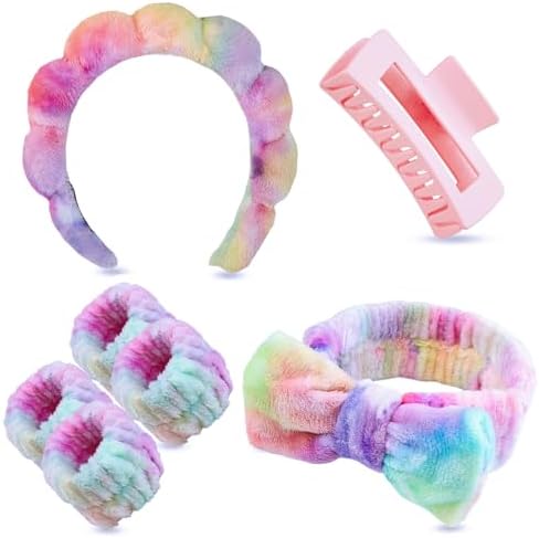 7 Pcs Spa Set, Facial Headband and Wristband Set, Skincare Accessories, College Style Girl Idea Gifts, Hair Accessories for Women and Girls（Tie Dye Colourful ） by Unknown