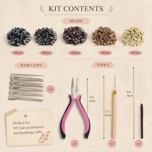 Hair Extension Tools Kit with Storage Case 500 Silicone Lined Ring Beads,1 Plier, 1 Threader,1 Crochet Hook,10 Curved Hair Needle,5 Hair Clips,5 Rolls Sewing Threads,100 Rubber Bands (Style2) - Image 2