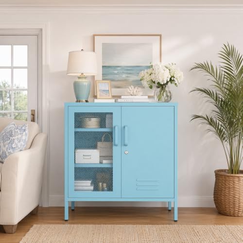 Lockable Metal Storage Cabinet Locker, Multifunctional Versatile Display Storage Lockers with Adjustable Shelves and Mesh Door, Durable Metal Side Table Furniture for Restaurant Home Office Blue by HOME