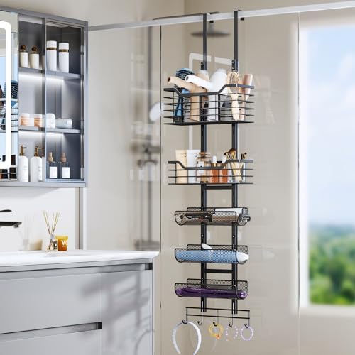 Consumest 6-Tier Hair Tool Organizer - Hair Dryer Holder Over The Door/Wall Mounted DIY Adjustable Shelf Bathroom Door Organizer with Hook for Curling Iron/Blow Dryer/Straightener Black - Image 2