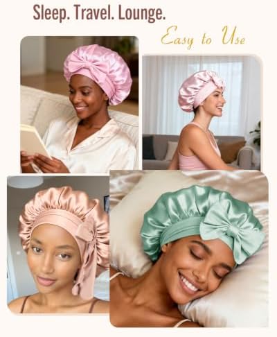 BONNET QUEEN Double Layer Silk Bonnet for Sleeping for Women Satin Bonnet Night Cap for Curly Hair with Tie Band, Sage Green - Image 5