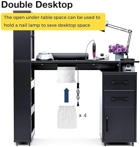 Kikihouse Nail Desk Manicure Table with Dust Collector and Wheels (Black) - Image 3