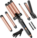 5 in 1 Wand Curling Iron-Kinked Curling Wand Set with Flat Iron Hair Straightener, 3 Barrels Hair Crimper, 3 Ceramic Curling Irons (0.35"-1.25"), 2 Temps Fast Heat Hair Waver Curler, Rose Gold by Kinked