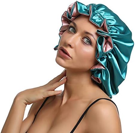 SENGTERM Women Large Satin Bonnet Adjustable Silky Sleep Cap Hair Bonnet Double Layered Reversible for Curly,Natural Hair (XL-ADULT, XL Pink-Green) - Image 4