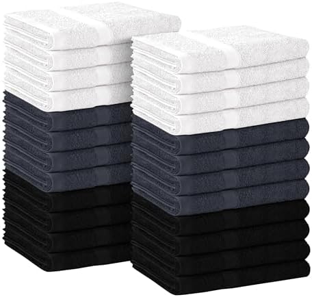 Avalon Towels Salon Towel - Black, Grey and White Hand Towels Bulk Pack of 24 - 100% Cotton Absorbent Spa, Facial & Gym Towel for Working Out - 16x27 Inches (Not Bleach Proof) by AvalonTowels