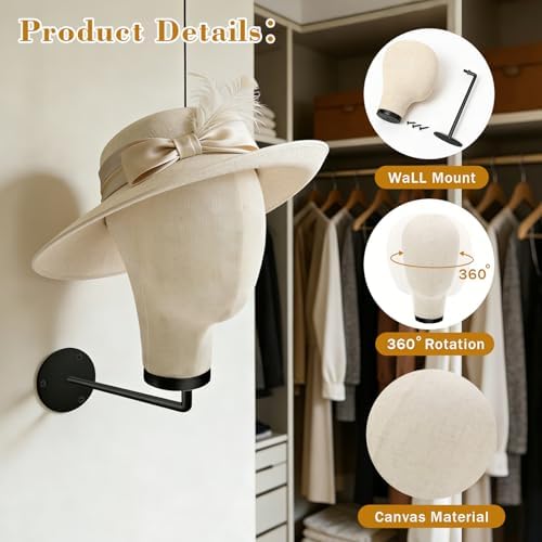 21in Wig Head Wall Mount Mannequin Head for Caps,Canvas Hat Display Hanger - Image 2