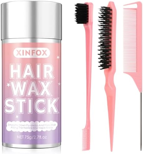 Hair Wax Stick, Slick Back Hair Brush, Wax Stick for Flyaways, Rat Tail Comb Edge Brush Styling Tool Set Accessories for Women Girls(Pink) by Unknown