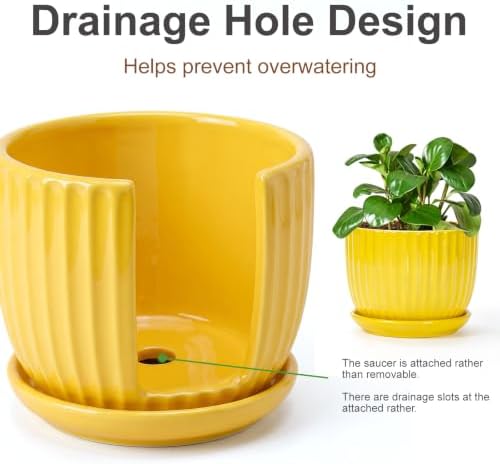 Ceramic Planters,Yellow Plant Pots with Drainage Holes and Saucers Set of 3 - Image 4