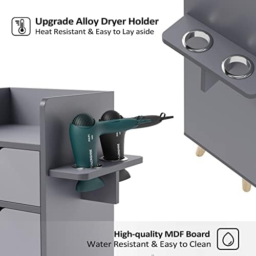 OmySalon Salon Station, 4 -Layer Beauty Barber Salon Styling Station Organizer Equipment, Hair Stylist Storage Cabinet with 2 Hair Dryer Holders, 4 Drawers and Raised Table Legs, Grey - Image 5