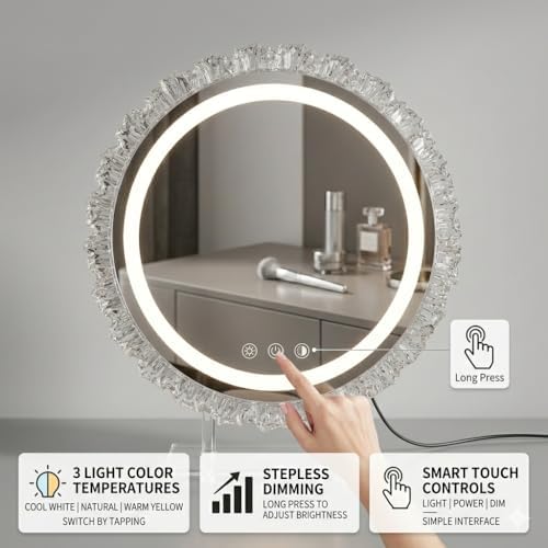 16" Hollywood Round Vanity Mirror with Lights, 3-Color LED Light Modes, Dimmable Makeup Mirror with Smart Tap Panel, 360° Rotating Lighted Mirror for Dressing Table - Image 2
