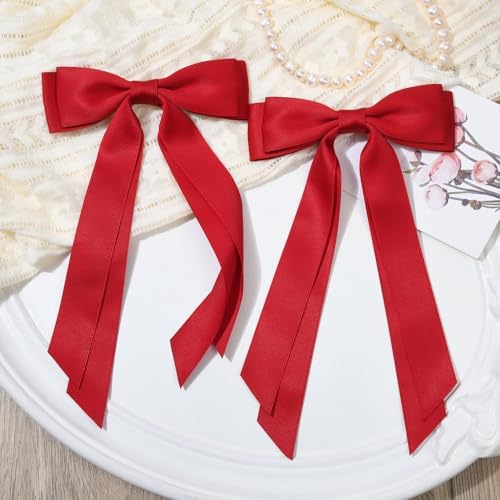 2PCS Silky Satin Hair Bows Hair Clip Red Hair Ribbon Ponytail Holder Accessories Slides Metal Clips Hair Bow for Women Girls Toddlers Teens Kids - Image 7