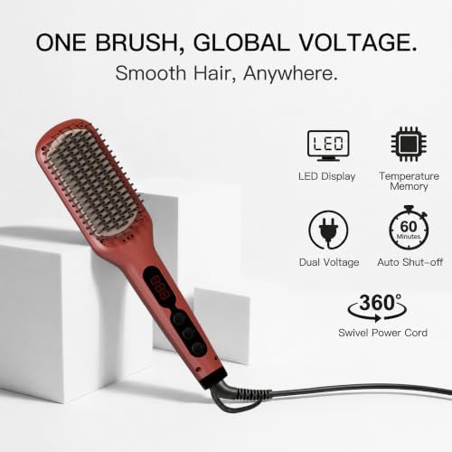 MEGAWISE Ceramic Ionic Hair Straightener Brush, Dual Voltage, Red - Image 6