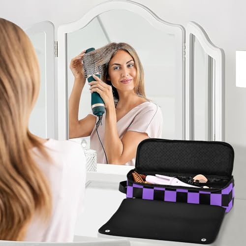 Checkerboard Black Purple Plaid Hair Tools Travel Bag Travel Organizer Pouch with Heat Resistant Mat Portable Carrying Case for Flat Irons Curling Iron Hair Dryer - Image 6