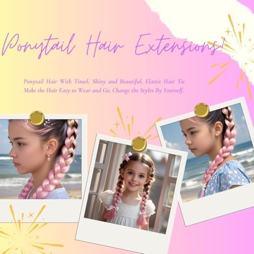 Pink Ponytail Extensions for Girls Women, Tinsel Hair Extension With Rubber Band Daily Party Festival Wacky Halloween Hair Accessories Ponytail Hair Pieces Tinsel Extensions for Women 2pcs/lot - Image 4
