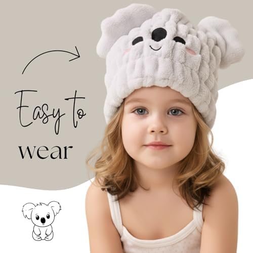 Microfiber Hair Towel Wrap for Kids, Koala Toddler Quick Drying Cap - Image 2