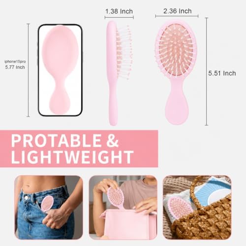 Mini Hair Bursh for Women Girls, Protable Travel Size Hair Brush for Pockets Purse backpack, Mini Detangler Brush for All Hair Types, Small Hair Brush for Detangling(Pink) - Image 2