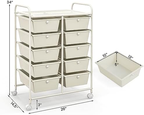 Giantex 10 Drawers Rolling Cart, Classroom Organizers, Storage Cart with Wheels, for Teacher Office Home School Supplies Tool Craft Art Paper, Ivory Color - Image 3