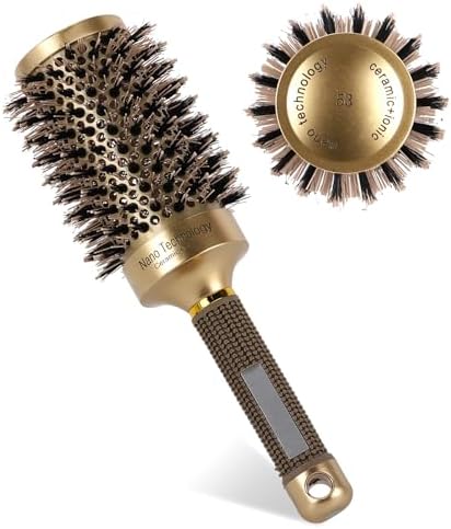 Large Boar Bristle Round Brush for Blow Drying, Nano Thermal Ceramic and Ionic Tech Hair Brush for Curling and Straightening by BTYMS